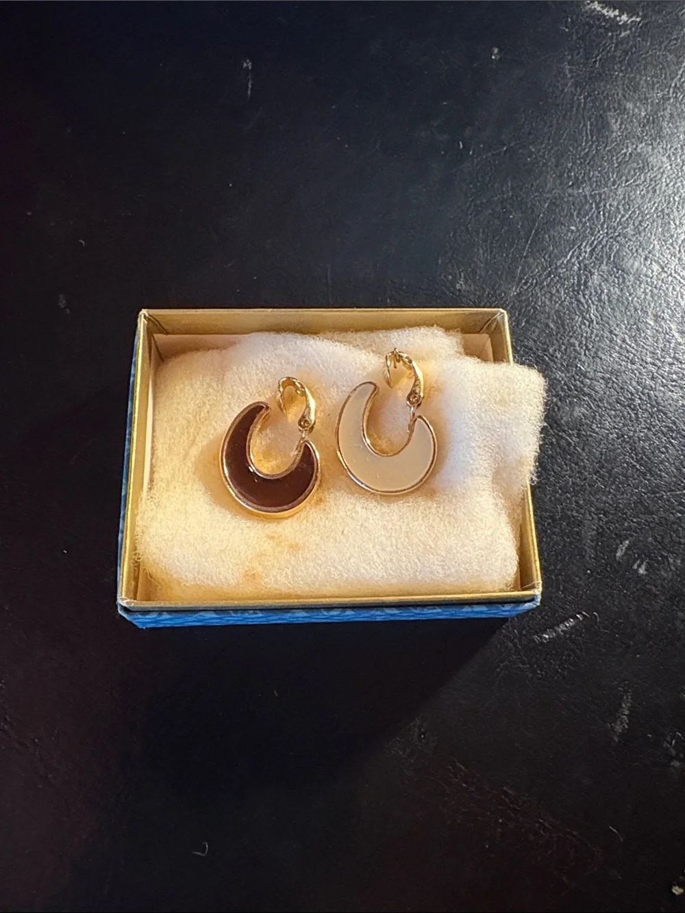 Avon Gold-Tone Crescent Earrings with Black and Cream Enamel